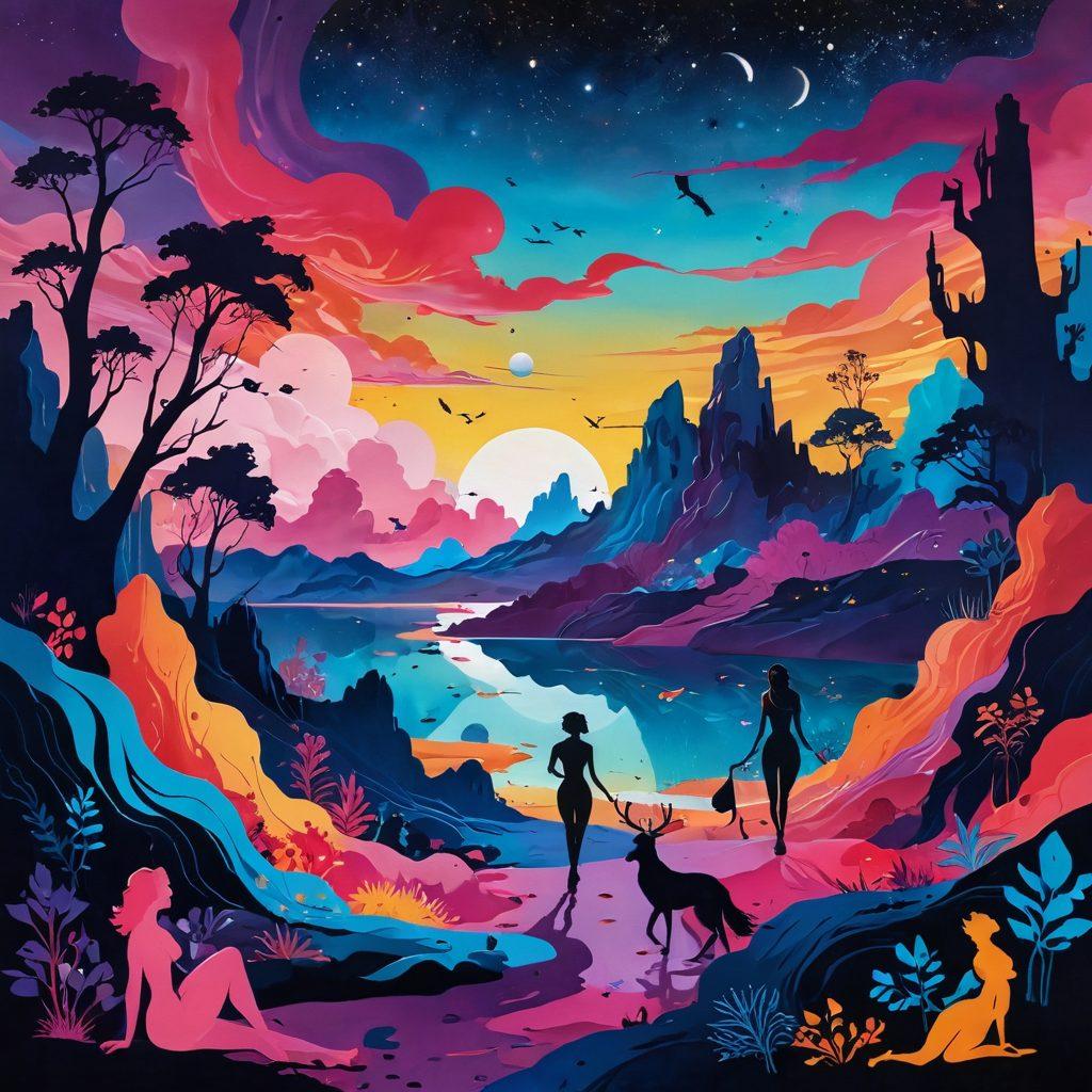 An evocative scene depicting a surreal landscape where vibrant colors blend together, showcasing abstract representations of risqué and taboo elements intermingling with iconic symbols of adult entertainment. In the foreground, silhouettes of playful figures explore boundaries with joy and curiosity, while the backdrop includes a dreamy, starry night sky merging with whimsical shapes. The overall mood conveys a sense of ecstasy and liberation, inviting viewers into a world of exploration and pleasure. super-realistic. vibrant colors. surrealism.