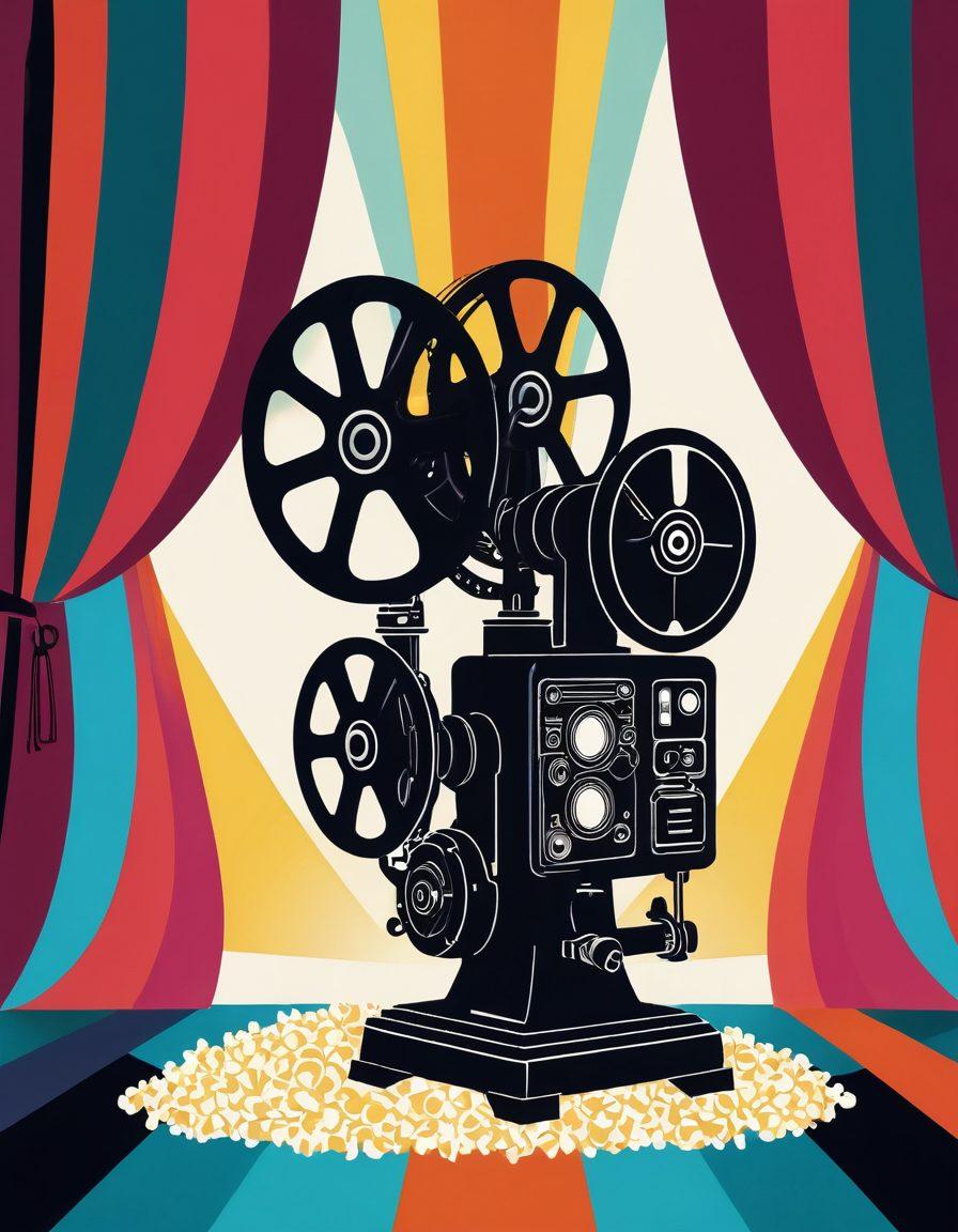 A whimsical and colorful illustration featuring a vintage film projector casting playful silhouettes of abstract shapes and symbols, representing the duality of pleasure and taboo. Surrounding the projector are items like popcorn, film reels, and a velvet curtain with hints of mischief and joy in the air. The atmosphere should be vibrant, inviting curiosity while maintaining a light-hearted tone. cartoonish style. vibrant colors. playful and cheeky elements.
