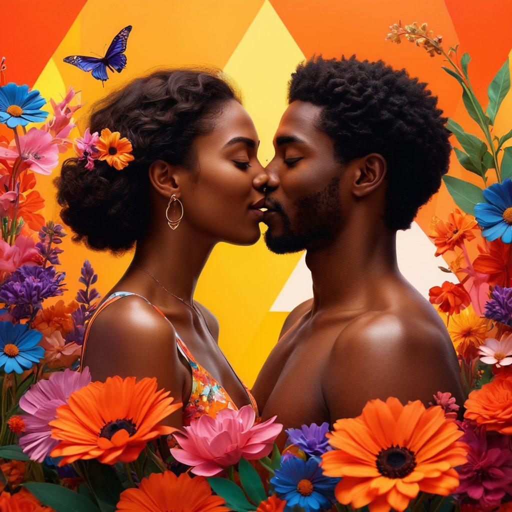A vibrant and playful collage showcasing diverse expressions of joy and sensuality. Include abstract silhouettes of couples experiencing intimacy, surrounded by colorful flowers and playful geometric patterns. Incorporate soft lighting to evoke a warm, inviting atmosphere, suggesting a celebration of love and pleasure. Super-realistic. Vibrant colors. 3D.